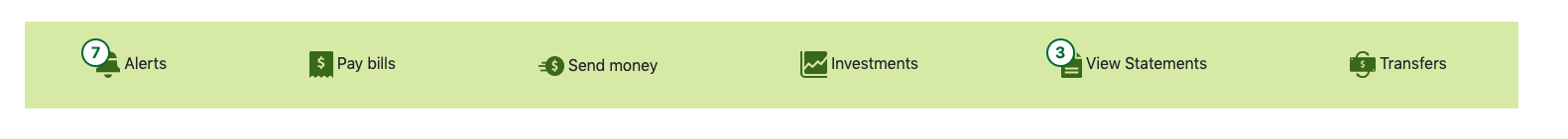Menu list: Alerts, Pay Bills, Send Money, Investments, View Statements, Transfers