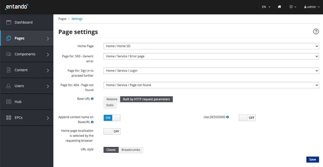 Page Setting page with Home page Selection